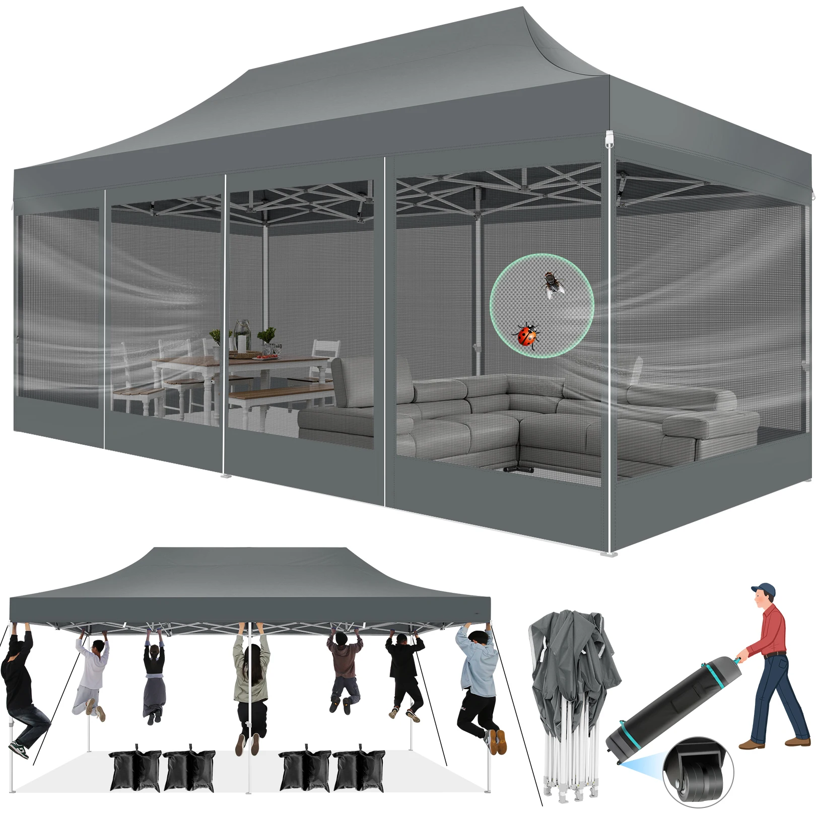 10x20 Heavy Duty Pop Up Canopy Tent, 6 Sidewalls, - Image 1