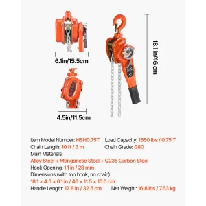 0.75T Manual Lever Chain Hoist Come Along 5/10/20FT