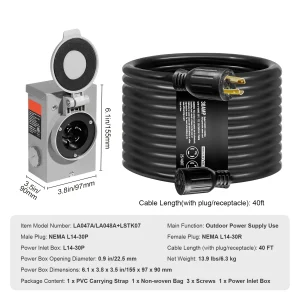 30 Amp Generator Cord and Power Inlet Box Kit