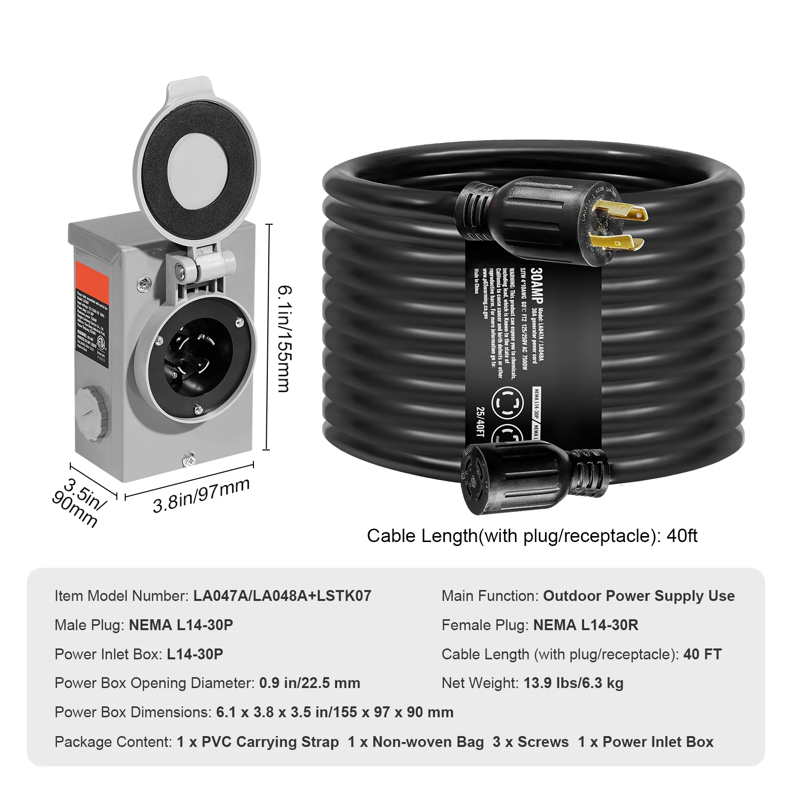 30 Amp Generator Cord and Power Inlet Box Kit - Image 1