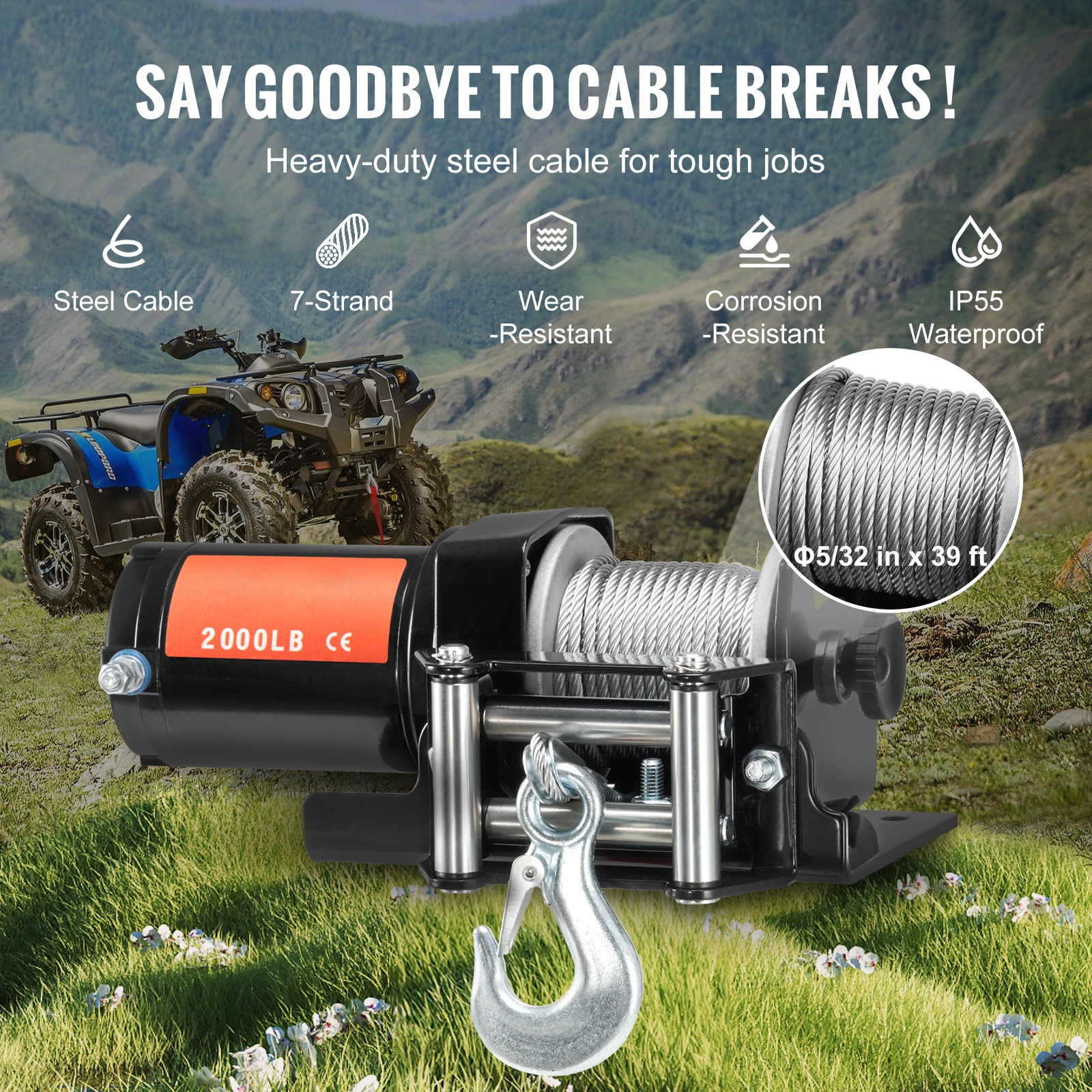 2000lbs Electric Winch ATV/UTV, Wired Remote - Image 3