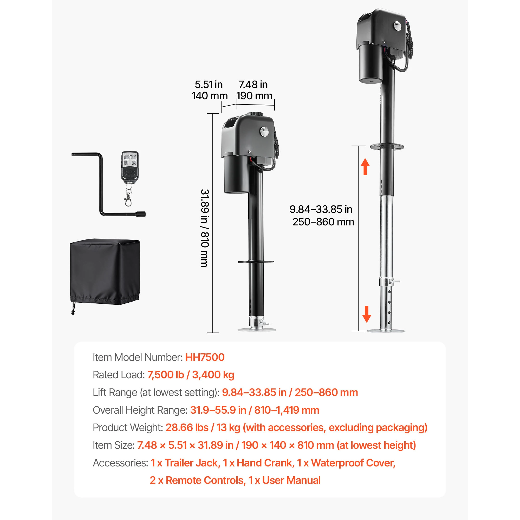 7500 lbs Electric Power Tongue Jack 12V - Image 1
