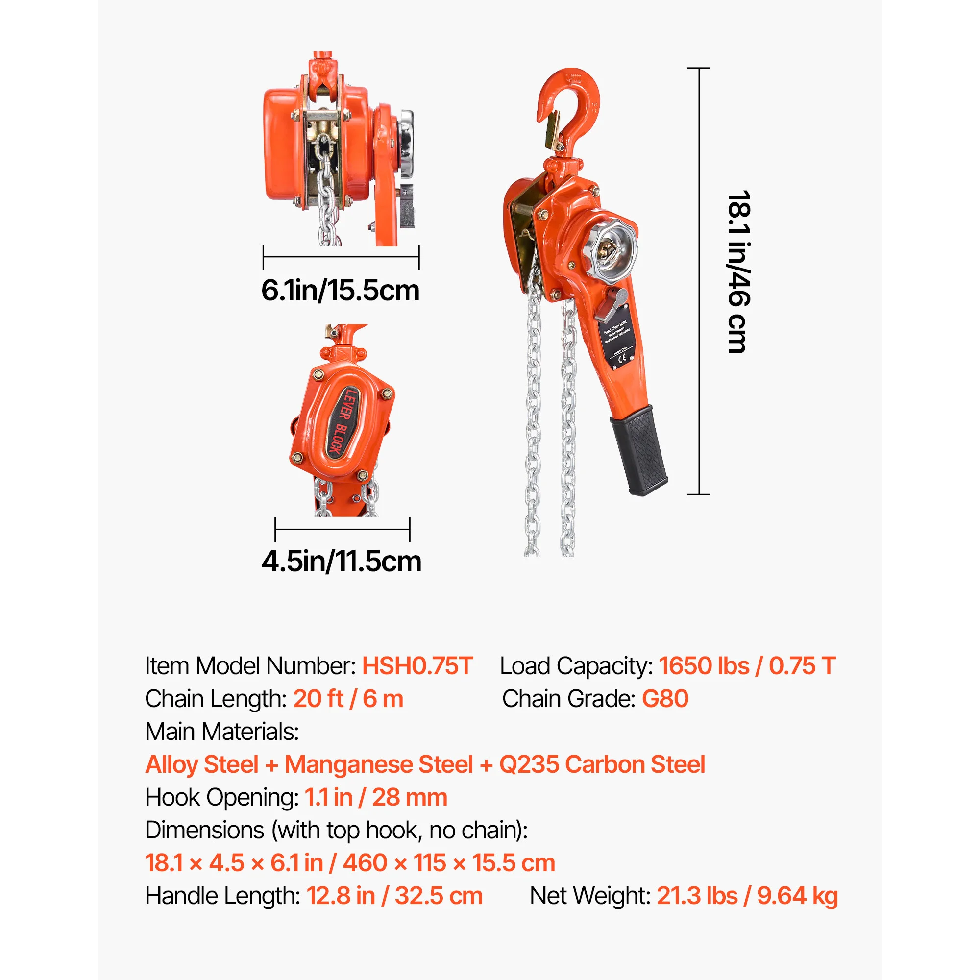 0.75T Manual Lever Chain Hoist Come Along 5/10/20FT - Image 4