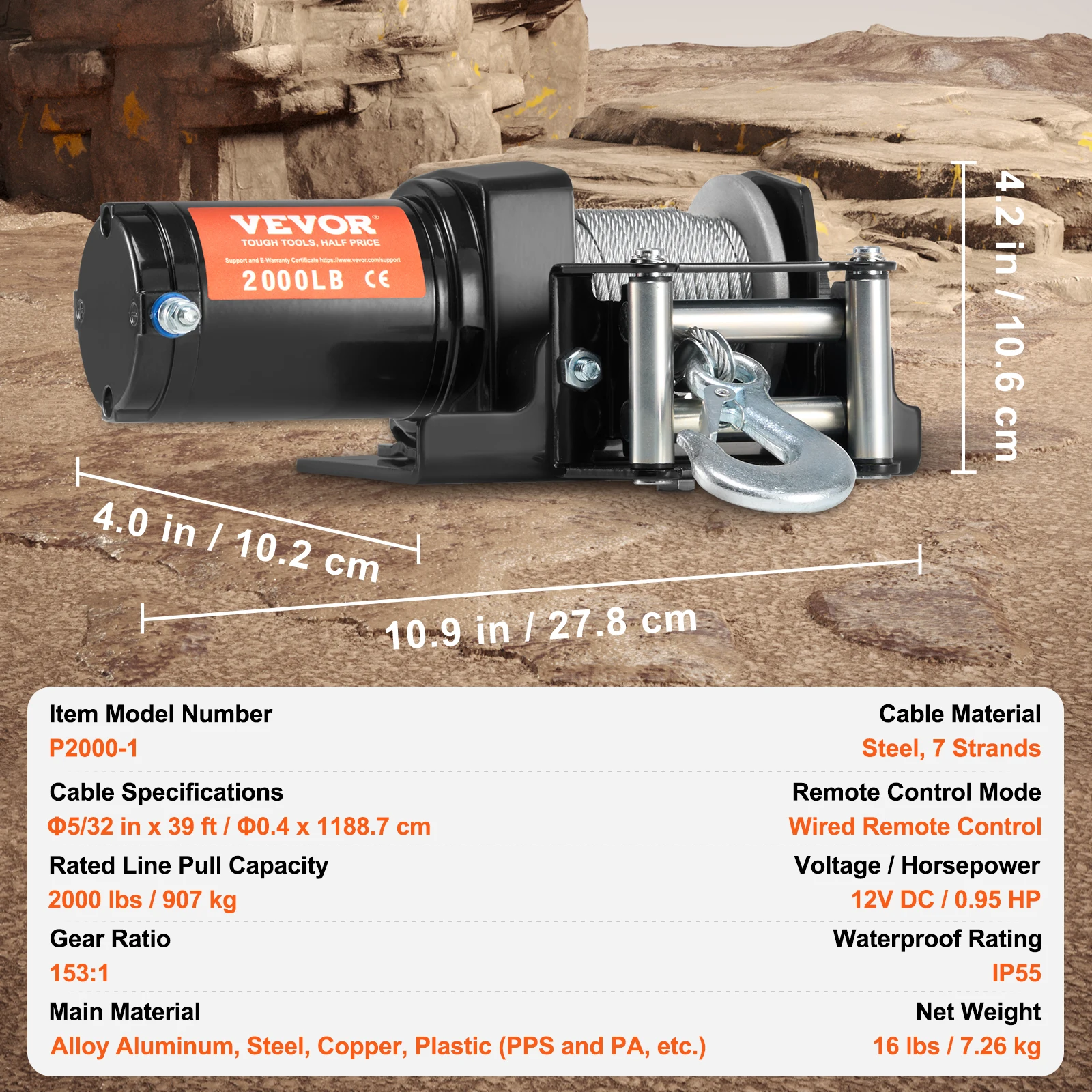 2000lbs Electric Winch ATV/UTV, Wired Remote - Image 1