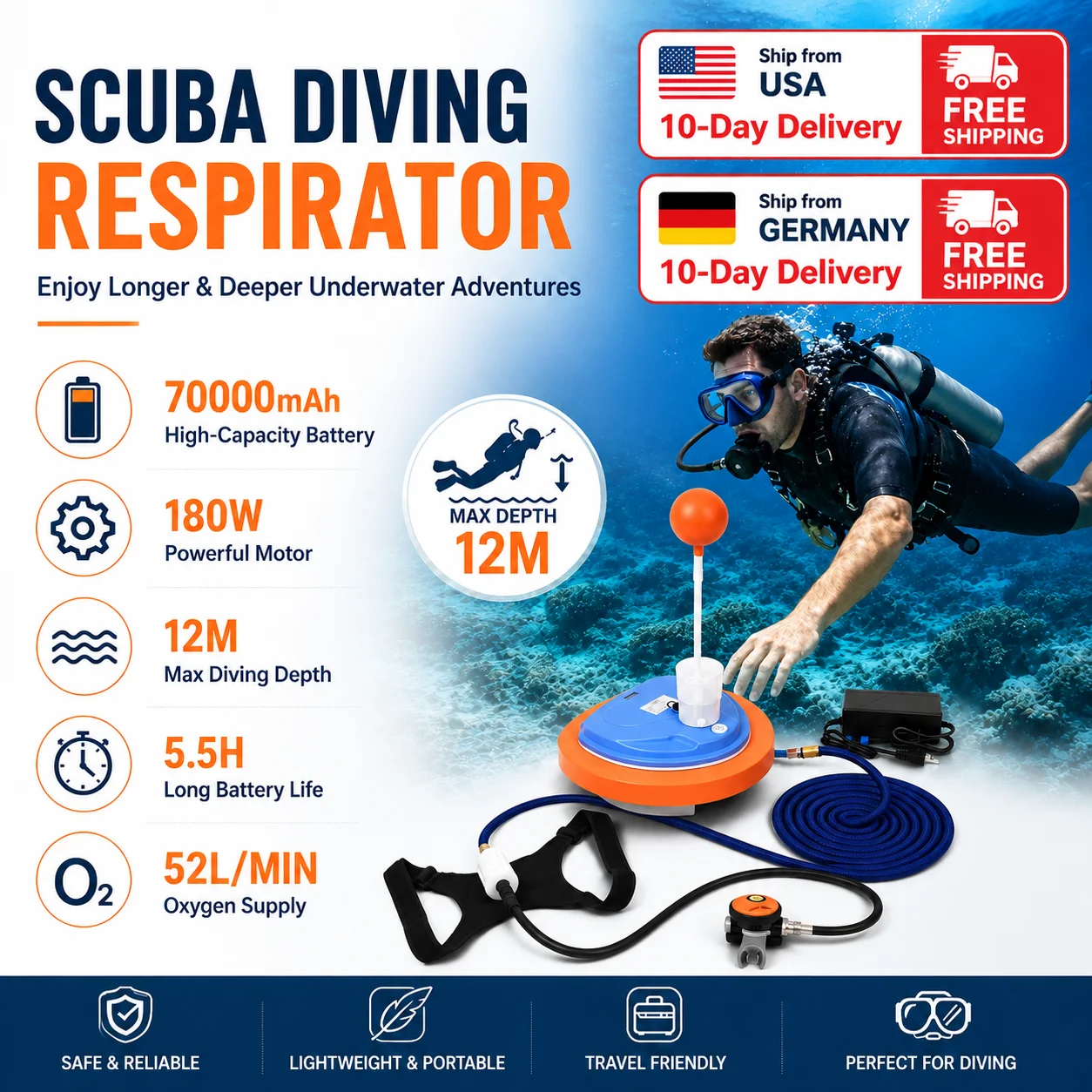 Diving Respirator Scuba Diving Ventilator Underwater 5.5Hours Working - Image 1